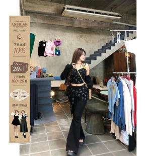 安妮不火黑貓烙腰線針織吊帶微喇褲 女夏季 微胖大碼 顯瘦三件套 套裝