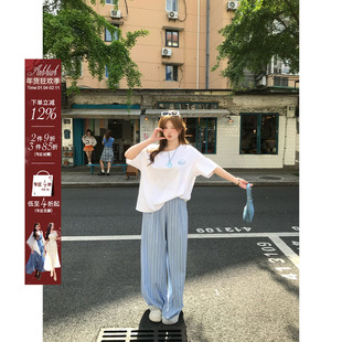 安妮不火 晴空云絮高腰条纹蕾丝边休闲裤女微胖大码宽松显瘦长裤