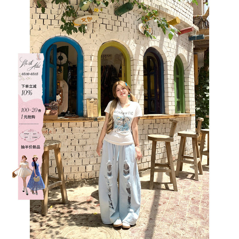 安妮不火汐沫蓝盐松紧腰破洞牛仔弯刀裤女微胖没打浅色洗水牛仔裤