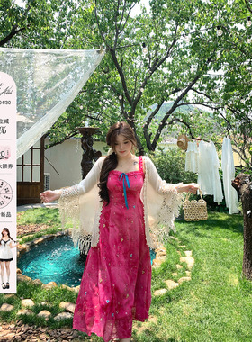 安妮不火 莫奈玫瑰阶扎染绣花雪纺连衣裙女微胖大码收腰吊带裙子