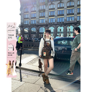 安妮不火  巴恩荒原蜡感做旧皮裙女2026春新款微胖大码美式背带裙