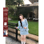 女微胖大码 安妮不火 贵气baby蓝呢子外套半裙套装 千金小香两件套