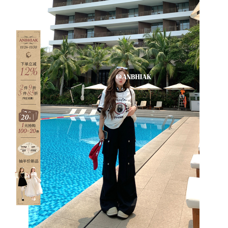 安妮不火 迈阿密热浪重工口袋牛仔工装裤女微胖大码休闲阔腿长裤