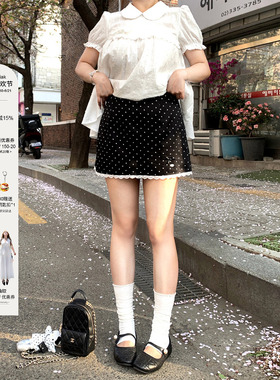 安妮不火 韩系缎面波点蕾丝花边拼接半身裙女微胖大码A字小短裙子