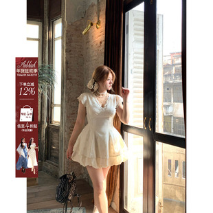 安妮不火 塞纳白露庭镂空花小飞袖连衣裙微胖大码设计感收腰裙子