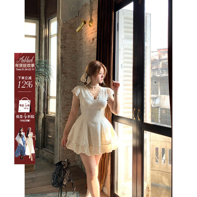 安妮不火 塞纳白露庭镂空花小飞袖连衣裙微胖大码设计感收腰裙子