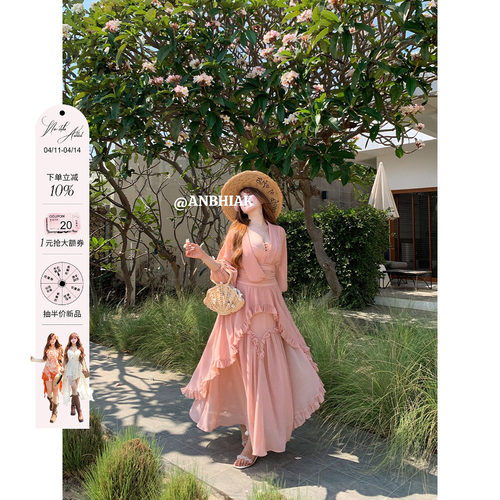 安妮不火秀场改良款超仙高捻雪纺连衣裙女微胖大码收腰大摆仙女裙