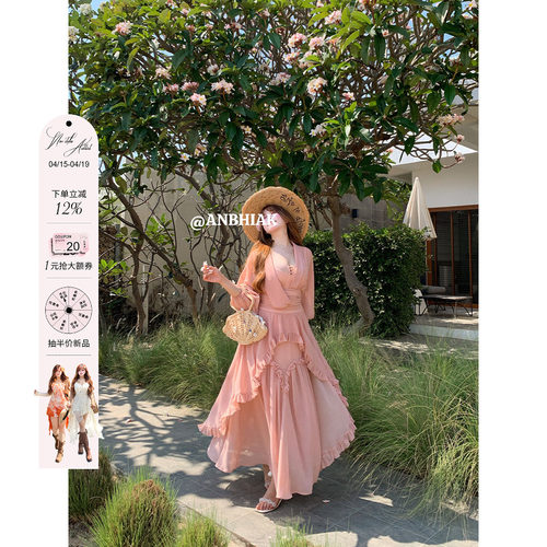 安妮不火秀场改良款超仙高捻雪纺连衣裙女微胖大码收腰大摆仙女裙