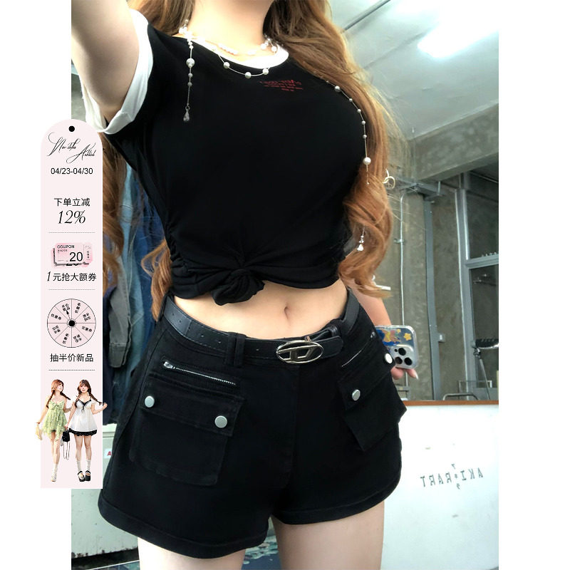 安妮不火 腿斩次元美式辣妹口袋牛仔短裤微胖大码收腰休闲短裤子