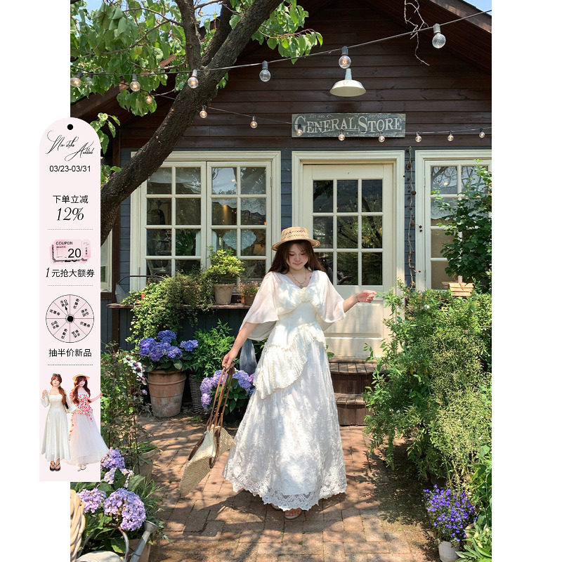 安妮不火 似水梨花浪漫重工蕾丝绣花仙裙女微胖大码设计感连衣裙