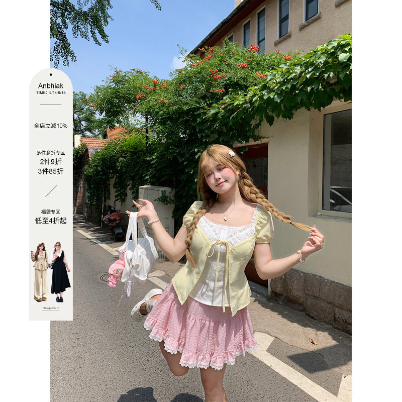 安妮不火 少女感假两件花边领绑带收腰衬衫女微胖大码甜美感上衣图片