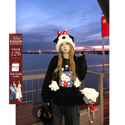 安妮不火 日常休闲kitty印花磨毛宽松T恤女微胖大码宽松长袖上衣