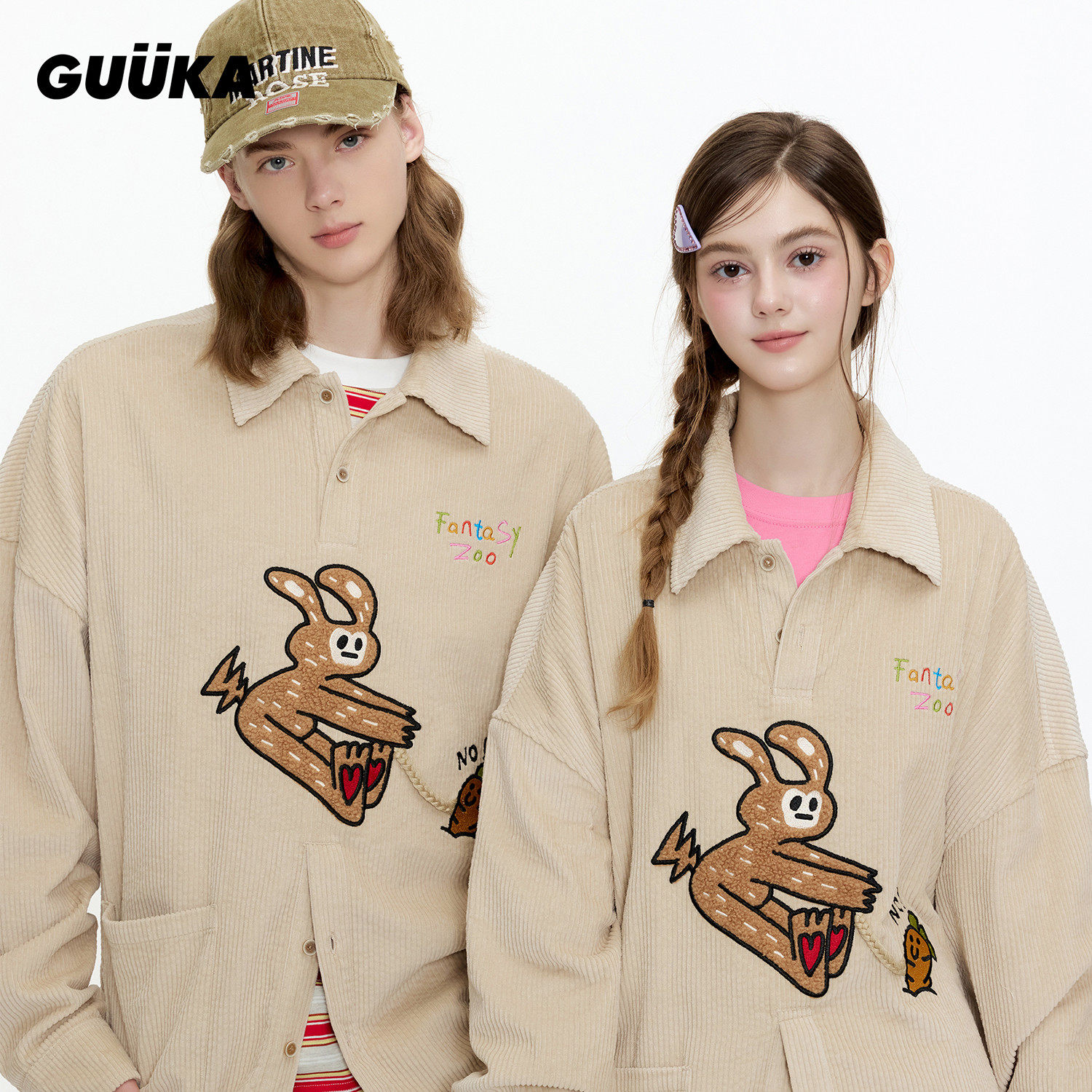 GUUKA潮复古灯芯绒长袖衬衫情侣 兔子刺绣POLO衫落肩衬衣外套宽松