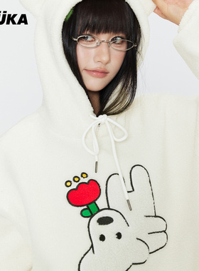 GUUKA泰迪绒加厚落肩帽衫 matsui联名小狗刺绣白色连帽款卫衣女冬