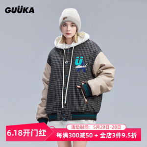 GUUKA潮牌短款格子棒球棉服女冬季加厚 美式复古拼接棉衣外套宽松