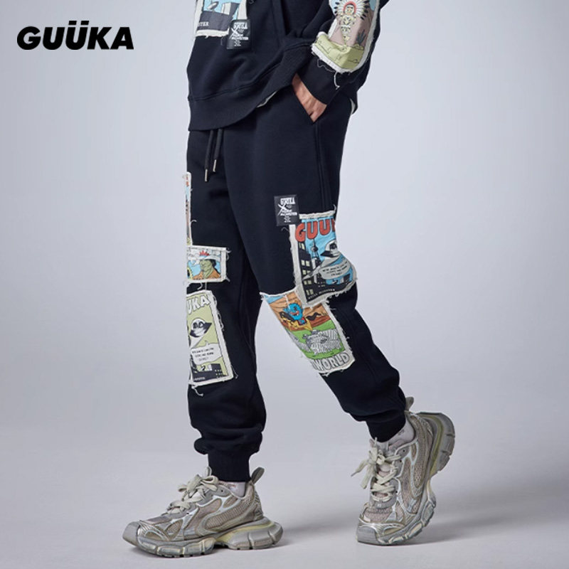 GUUKA小怪兽漫画贴布绣束脚裤宽松 潮牌黑色运动卫裤男冬加绒加厚
