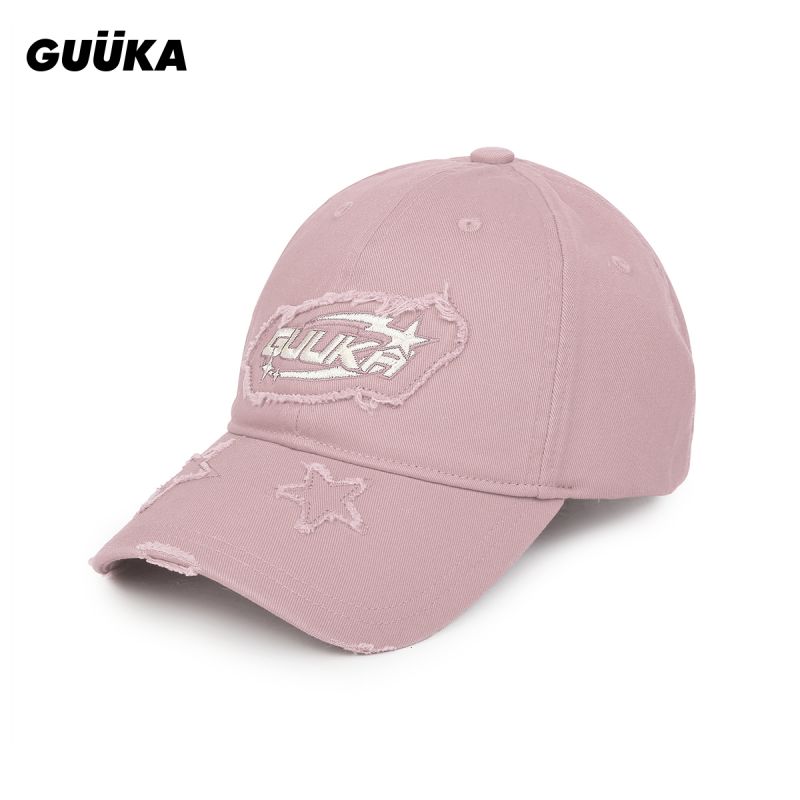 GUUKA潮牌粉色鸭舌帽女遮阳防晒 休闲百搭做旧磨破棒球帽男宽帽檐