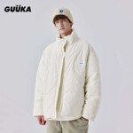 GUUKA白色水晶绒高领棉服男款冬季保暖加厚 星星绗线棉衣外套宽松