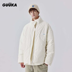 GUUKA白色水晶绒高领棉服男款冬季保暖加厚 星星绗线棉衣外套宽松