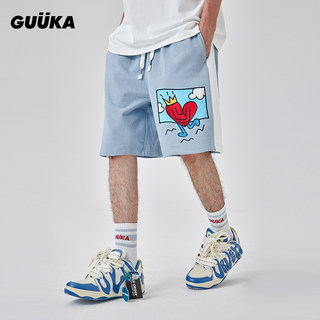 GUUKA&Agaho联名蓝色针织短裤男夏季纯棉 重磅撞色刺绣五分裤宽松