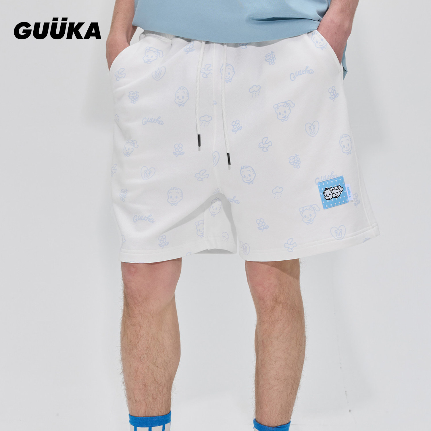 GUUKA重磅纯棉夏季情侣五分裤新款 原田治联名日系满印针织短裤男