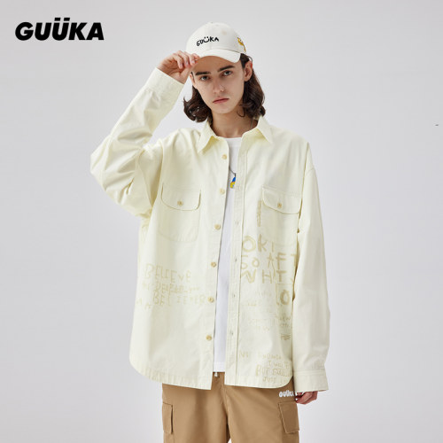 GUUKA杨悉圣儿联名米白色长袖衬衫男潮青少年多口袋衬衣外套宽松