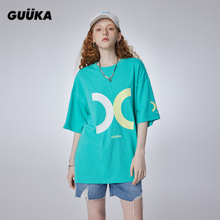 宽松 潮情侣多巴胺穿搭半袖 GUUKA浅绿色重磅短袖 纯棉t恤女2025新款