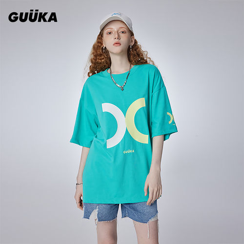 GUUKA浅绿重磅纯棉短袖T恤宽松