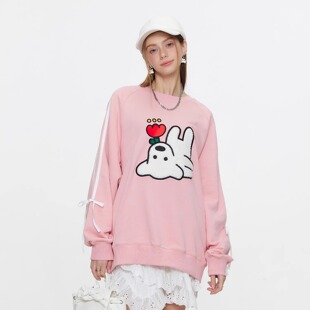 陈奕恒同款GUUKA潮蝴蝶结上衣宽松 matsui联名小狗刺绣粉色卫衣女