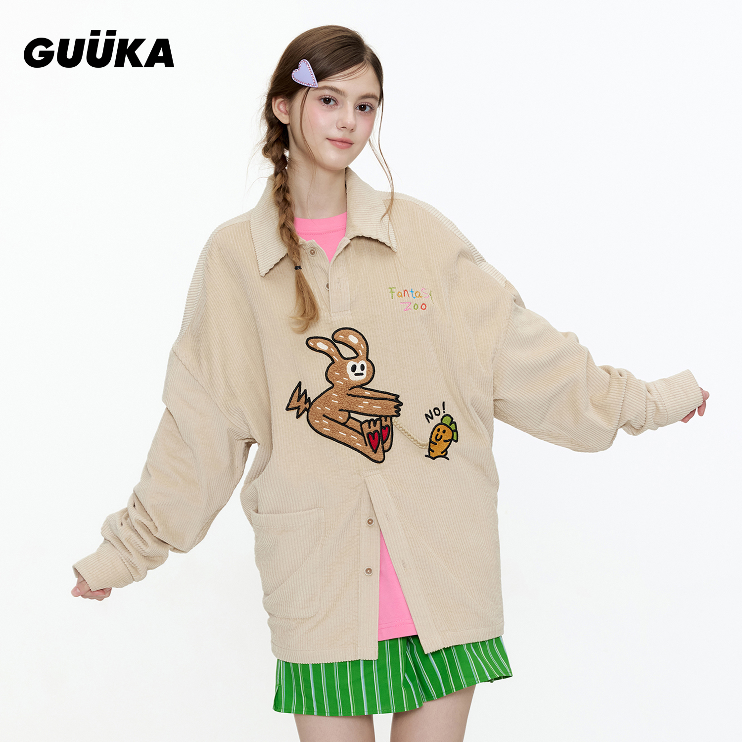 GUUKA潮牌兔子刺绣长袖衬衫女 兔子刺绣POLO衫落肩衬衣外套宽松