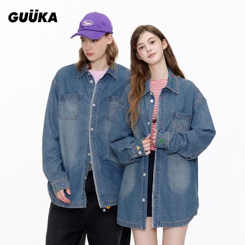 GUUKA潮牌美式复古蓝色牛仔衬衫男长袖衬衣 花卉刺绣做旧外套宽松