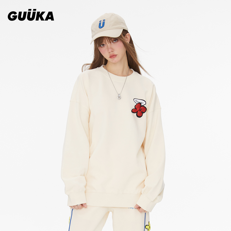 王栎鑫毛不易朱嘉琦同款卫衣潮情侣落肩 古由卡Agaho联名奶黄上衣