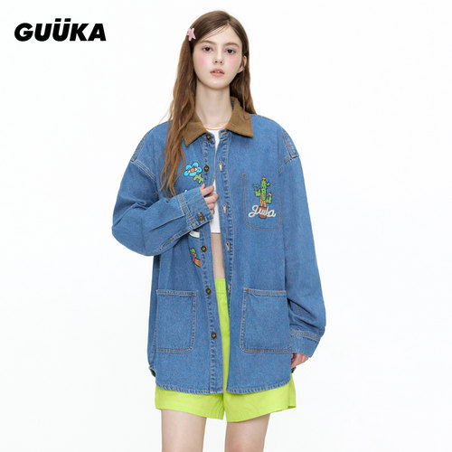 GUUKA灯芯绒翻领长袖衬衣正肩外套 潮牌蓝色仙人掌牛仔衬衫女春秋