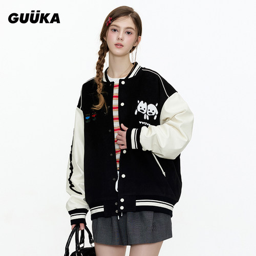 GUUKA超好看美式拼接PU皮落肩夹克宽松 潮牌联名刺绣棒球服外套