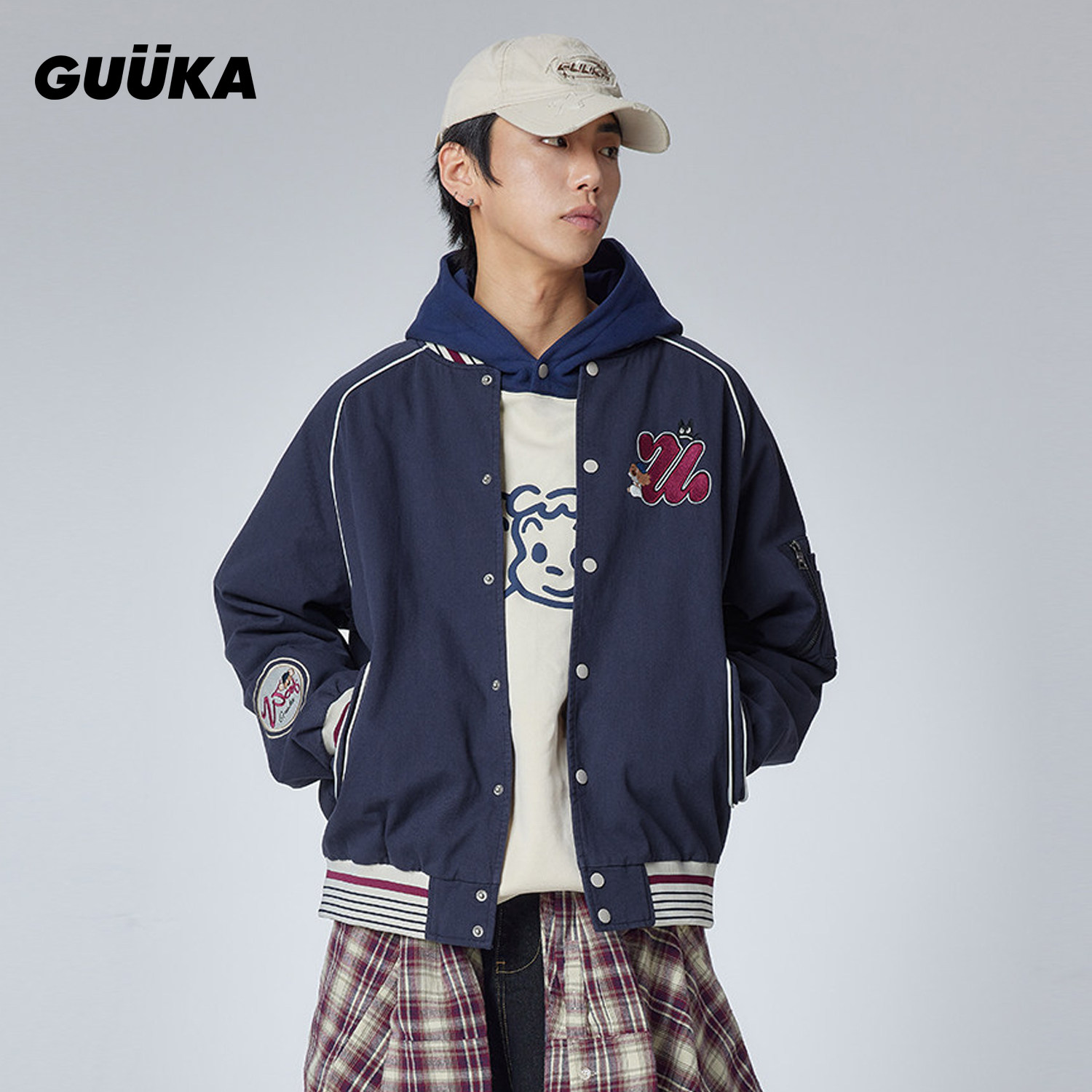 GUUKA美式情侣外套插肩袖水洗夹克 潮牌小狗刺绣春季新款棒球服男,男装,棒球夹克,淘宝优惠券,粉丝福利购,淘宝优惠卷