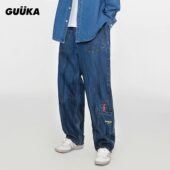 GUUKA美式 男青少年 潮牌复古蓝弯刀牛仔裤 爱心刺绣休闲直筒裤 宽松