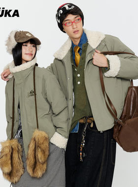 郭殿甲同款GUUKA潮白鸭绒加厚毛绒立领外套 灰绿色刺绣冬季羽绒服