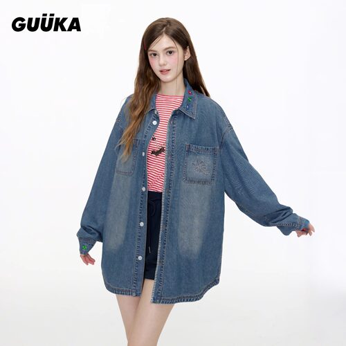 GUUKA潮牌蓝色花卉刺绣牛仔衬衫女秋季 美式复古衬衣做旧正肩外套