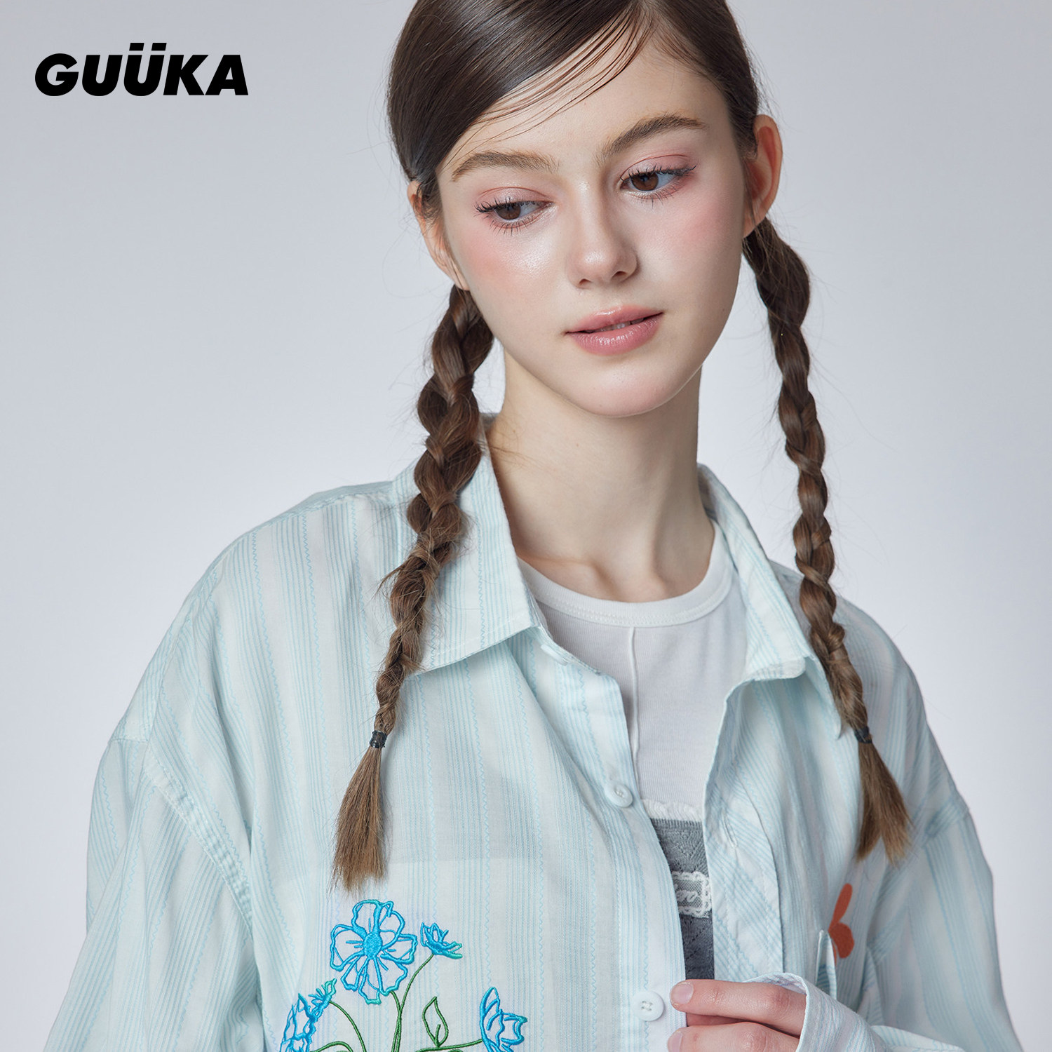 GUUKA情侣莱赛尔翻领外套落肩 潮牌花朵刺绣条纹衬衫女款长袖衬衣,女装/女士精品,衬衫,淘宝优惠券,粉丝福利购,淘宝优惠卷