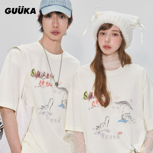 GUUKA重磅纯棉猫咪T恤男款