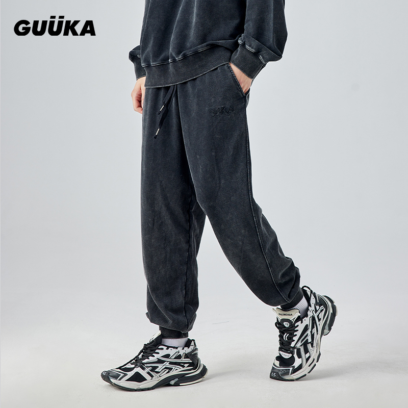 GUUKA黑色水洗重磅卫裤