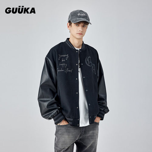 GUUKA黑色美式风街头棒球服夹克男秋 情侣毛呢拼接PU皮衣外套宽松