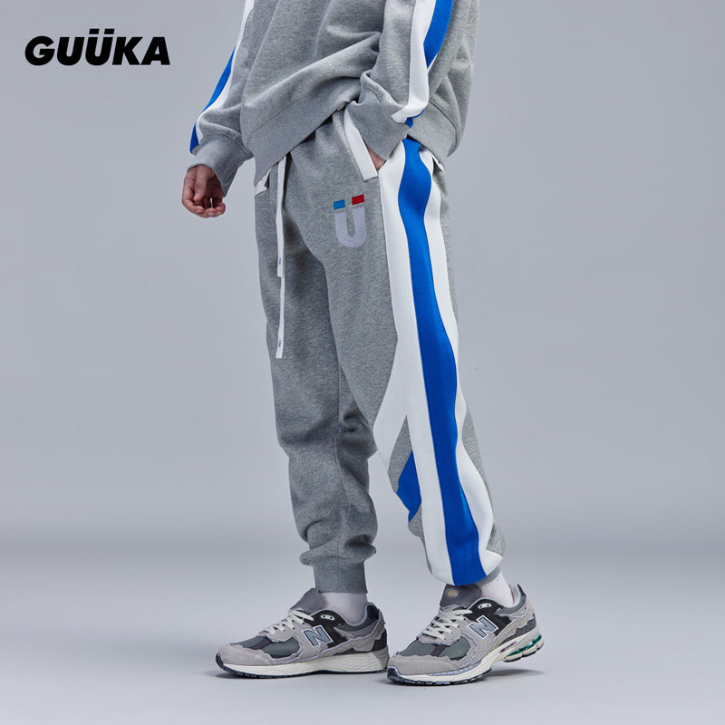 GUUKA潮牌灰色抓绒加厚卫裤男冬季 青少年嘻哈蓝白拼接运动裤宽松