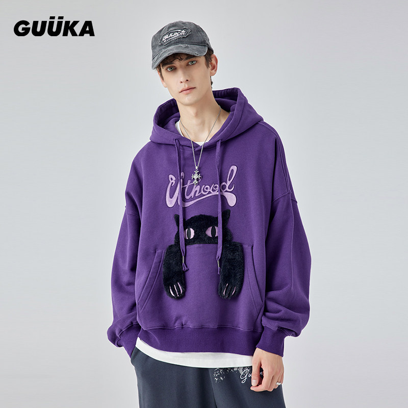 陈添祥梁崴同款GUUKA连帽猫耳朵卫衣男潮 情侣廓形紫色帽衫女宽松