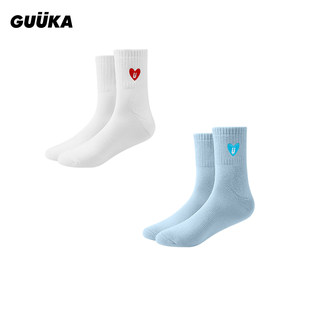 2双装 GUUKA潮牌白色中筒袜男爱心刺绣蓝色袜子女休闲百搭运动长袜