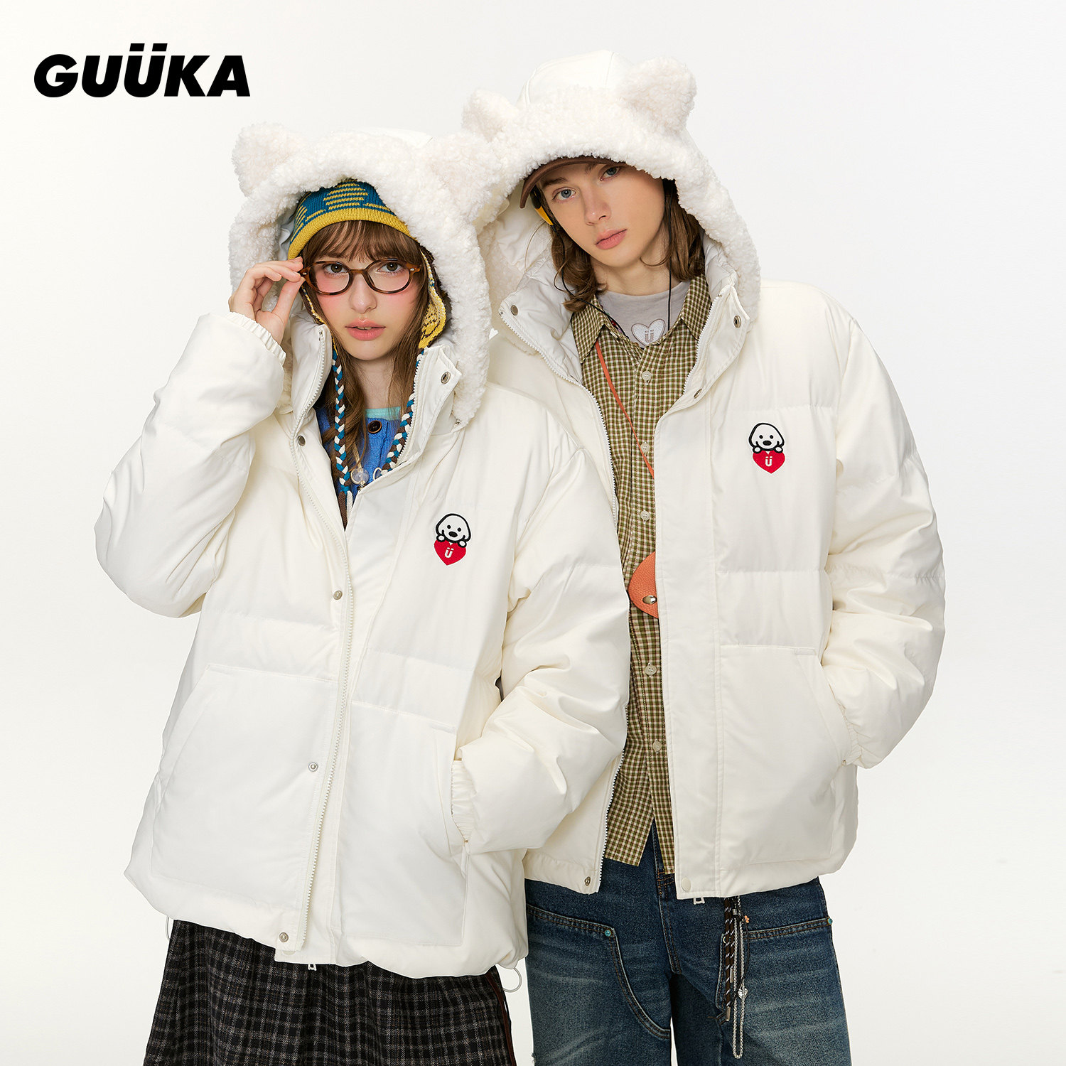圣代同款GUUKA潮牌白鸭绒耳朵连帽外套 matsui联名白色羽绒服男冬