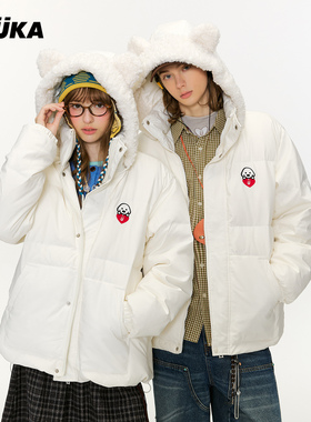 圣代同款GUUKA潮牌白鸭绒耳朵连帽外套 matsui联名白色羽绒服男冬