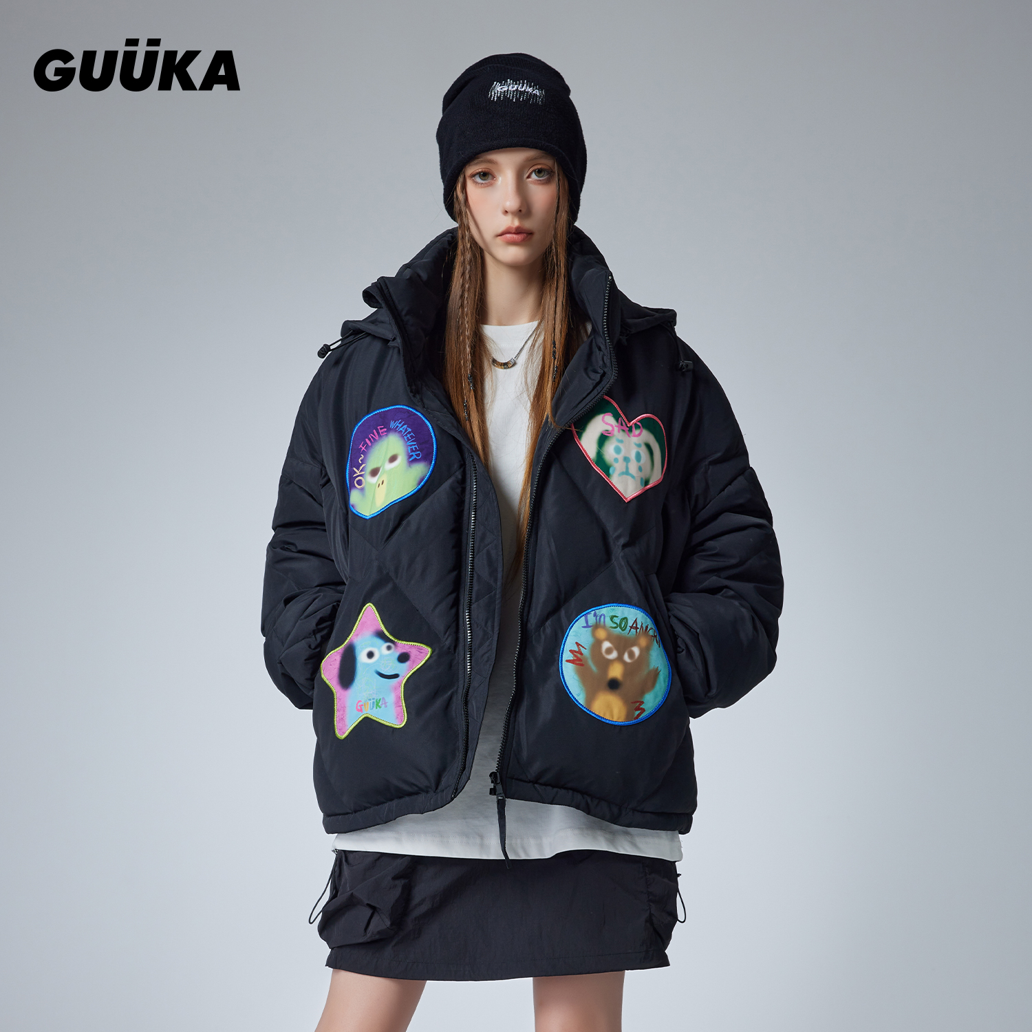 GUUKA黑色菱格羽绒服冬季外套