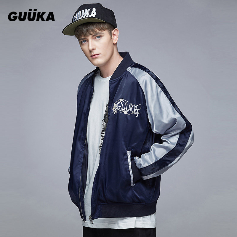 Guuka绸缎刺绣夹克何洛洛同款玫瑰爱心棒球服男 横须贺外套潮宽松
