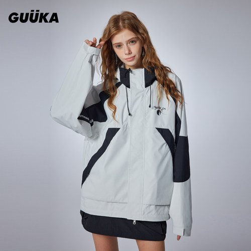 GUUKA户外防晒帽檐登山服外套宽松 撞色拼接冲锋夹克女2026春新款